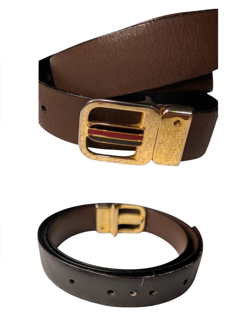 Vintage Pierre Cardin Reversible Leather Belt Brown & Black - Gold Stripe Buckle